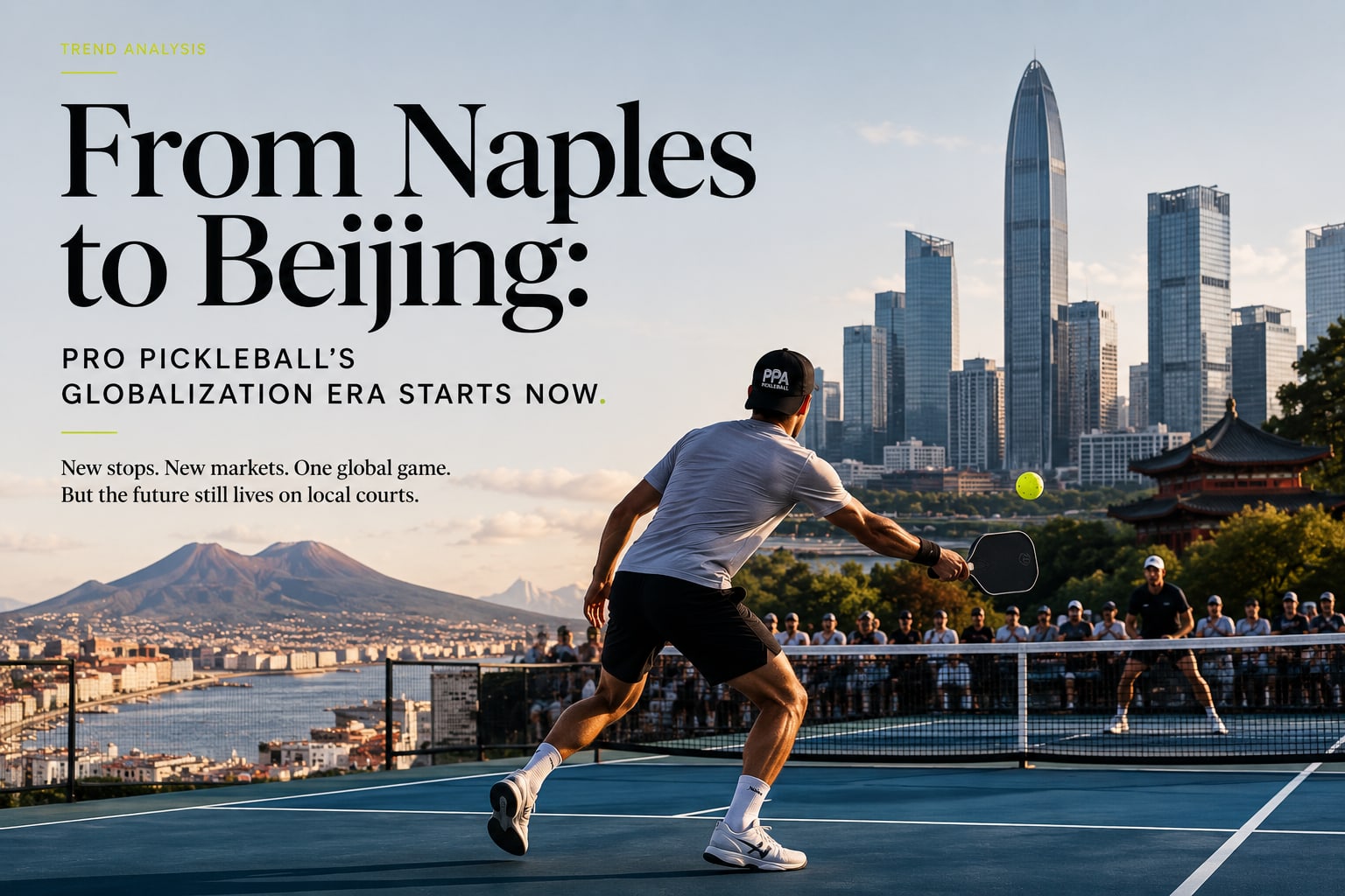 A pro pickleball player at a high-rise court overlooking the Naples bay coastline, with the Beijing skyline rising on the other side of the net — the visual metaphor of pickleball going global
